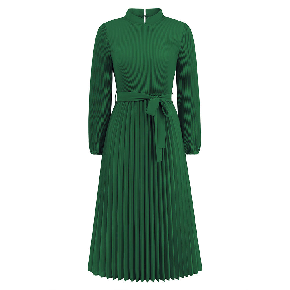 Autumn Winter Slim Dress Stand Collar Puff Sleeve Pleated Women Clothing