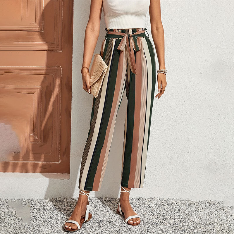 Women Clothing Pants Striped Printed Paper Bag With Belt Waist Ankle Length Pants Office Casual Women Pants