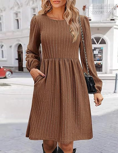 Women Clothing Round Neck Pocket Knitted Sweater Long Sleeve A Line Dress