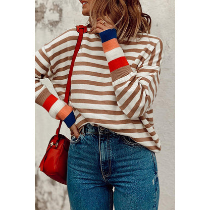 Autumn High Neck Long Sleeved Top Women Simple Striped Sweater Women