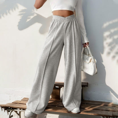 Women Casual Sweatpants Elastic V Shaped Smocking High Waist Stitching Wide Leg Pants