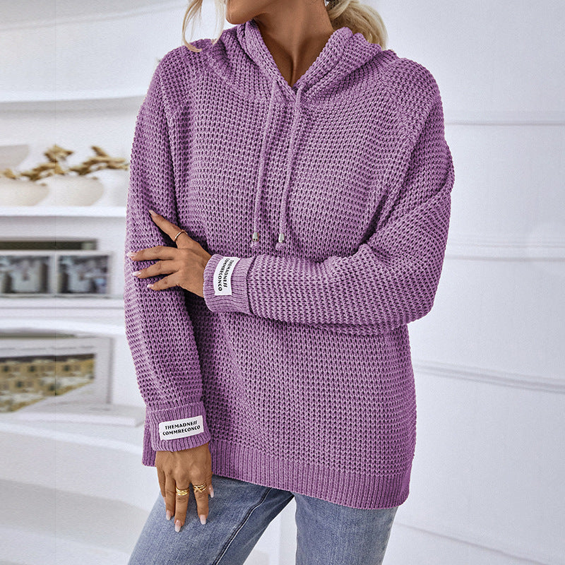 Solid Color Pullover Women Knitwear Autumn Winter Hooded Drawstring Sweater Women