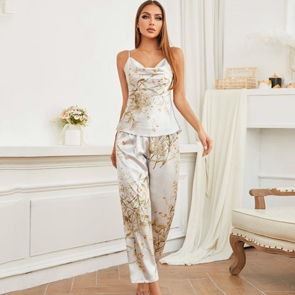 Print Pajamas Suit Spring Summer Strap Trousers Two Piece Summer Thin Ice Silk Home Wear Women