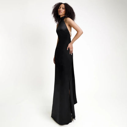 Women Clothing Halter Silk Satin Texture Backless Slim Fit Dress