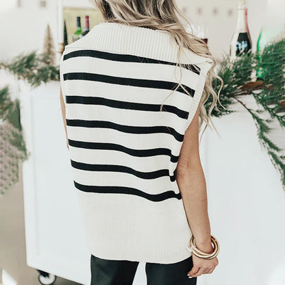 Fall Women Clothing Polo Collar Stripes Sweater Vest Women