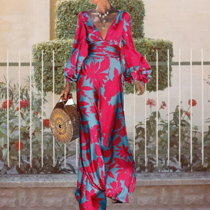 Early Autumn High Waist Office Maxi Dress Printed Lantern Sleeve V Neck Dress