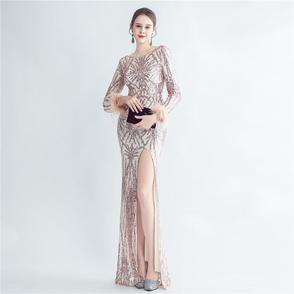 High Density Ostrich Feather Sequin Long Sleeve Fishtail High End Evening Dress