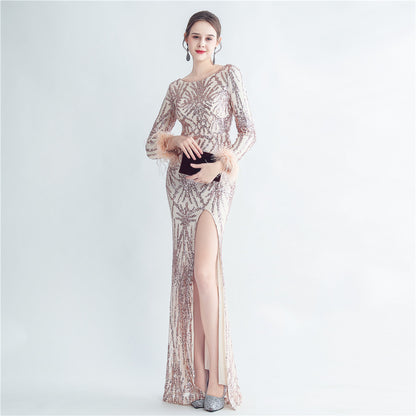 High Density Ostrich Feather Sequin Long Sleeve Fishtail High End Evening Dress