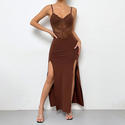 Low Cut Sexy Stitching High Waist Bottoming Dress Split Strap Dress Women