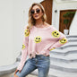 Autumn Winter Women Ripped Pullover Knitted Sweater Cute Smiley FaceLoose Long Sleeve V-neck Sweater