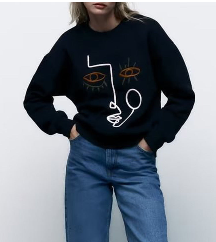 Winter Women  Clothing Black Striped Embroidery Pattern round Neck Long Sleeve Loose Casual  Sweater