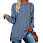 Women Clothing Long Sleeve round Neck Multicolor Split Top Loose Casual Pullover T-shirt