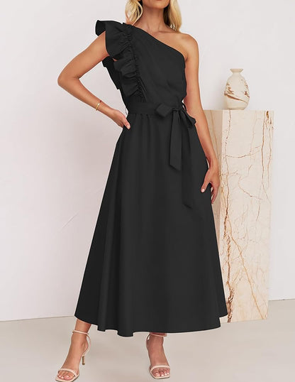 Women Maxi Dress Oblique Shoulder Wooden Ear Belt Dress Bridesmaid Toast Dress