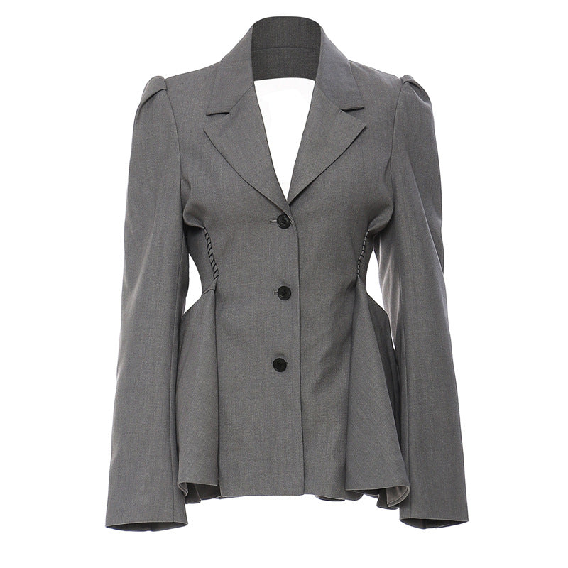 Autumn Backless Lotus Leaf Hem Waist Slimming Coat Blazer for Women