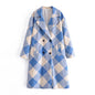 Early Winter Women Clothing Collar Retro Blue Plaid Loose Fitting Slimming Woolen Coat Outerwear