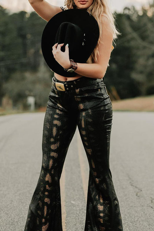 Ladies Snake Skin Pattern Tight Horn Leather Pants