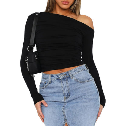 Women Clothing Shoulder Asymmetric Solid Color Cropped Top Long Sleeve Sexy Slim Fit Elegant T shirt