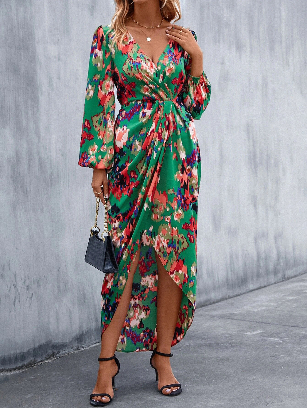 Women Dopamine Printed Dress V Neck Irregular Asymmetric Pleated Maxi Dress