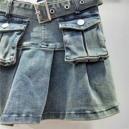 Three Dimensional Pocket Denim Skirt Women Small Sexy Pleated Skirt Retro High Waist Anti Exposure A Line Skirt Autumn