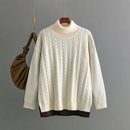 Two Color Stitching Jacquard Loose Fitting Western Slimming Top Autumn Winter Long Sleeve Cable Knit Sweater Sweater