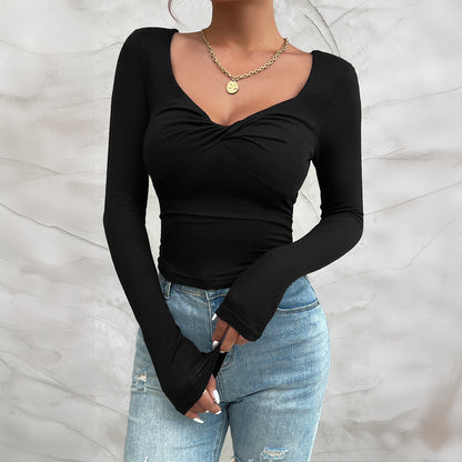 Autumn Winter Long Sleeve Women Elegant Slim V neck T shirt Top