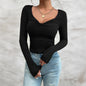 Autumn Winter Long Sleeve Women Elegant Slim V neck T shirt Top