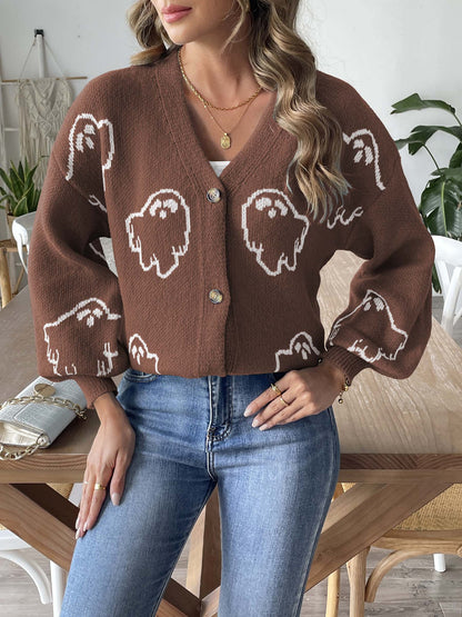 Halloween Sweater Coat Women Clothing Loose Casual Button Sweater Cartoon Jacquard Cardigan Women