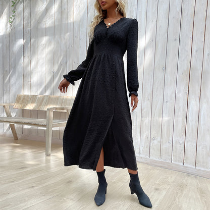 Fall Women Clothing Long Sleeve Black Dress Split Dress