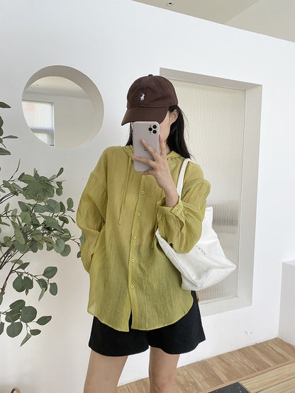 Solid Color Hooded Sunscreen Shirt for Women Summer Refreshing Loose Comfortable Lazy Shirt