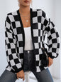 Women Woolen Cardigan Women Clothing Color Contrast Patchwork Chessboard Plaid Loose Casual Sweater Coat