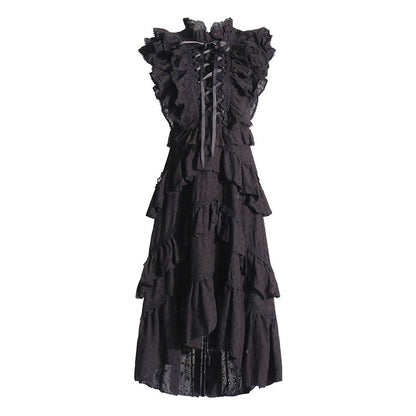 French Ethnic Palace Dress Autumn Stand Up Collar Lace Flying Sleeves Drawstring Ruffled Dress Women