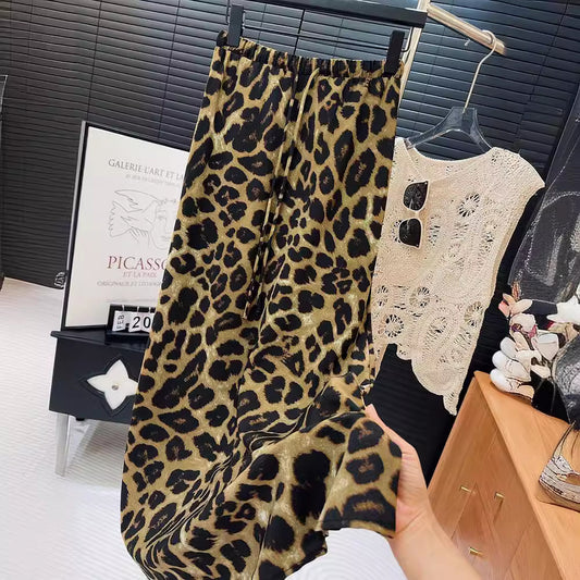 Leopard Print Split Fishtail Skirt Women Retro Chic Niche High Waist Slimming Drawstring All Match Long Skirt