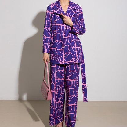 Printed Purple Printed Collared Pajama Pants Autumn Winter Pajamas Women Loose Comfortable Homewear