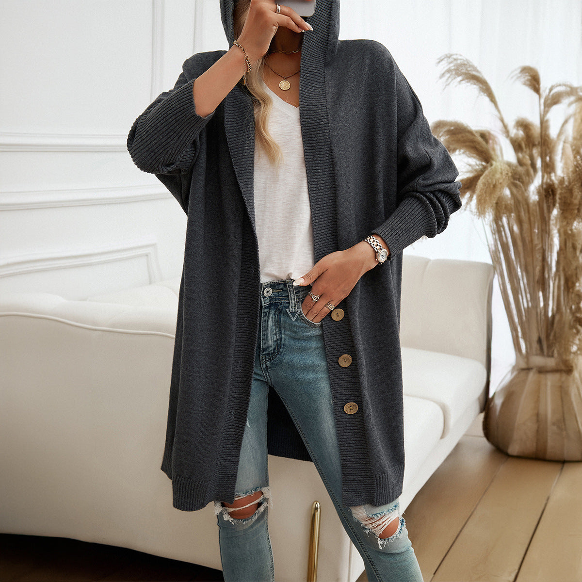 Autumn Winter Casual Loose Cardigan Breasted Hooded Sweater Coat Women Clothing