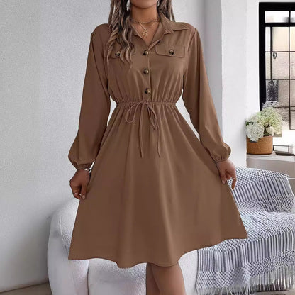 Real Shot Autumn Winter Casual Button Lace up Waist Controlled Long Sleeves Shirt Dress Women Clothing