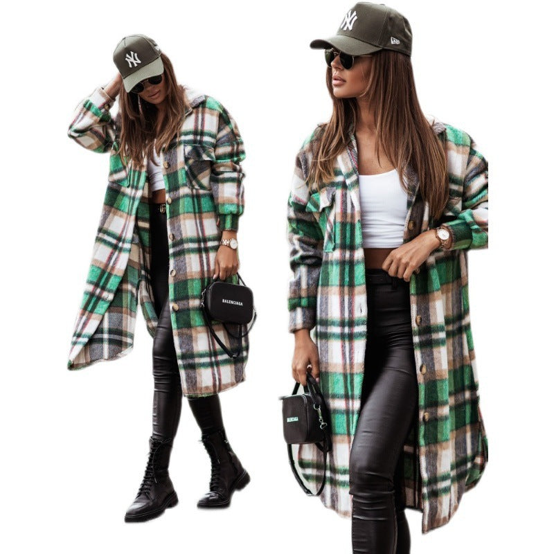 Autumn Winter Polo Collar Single-Breasted Long Sleeve Plaid Shacket Coat