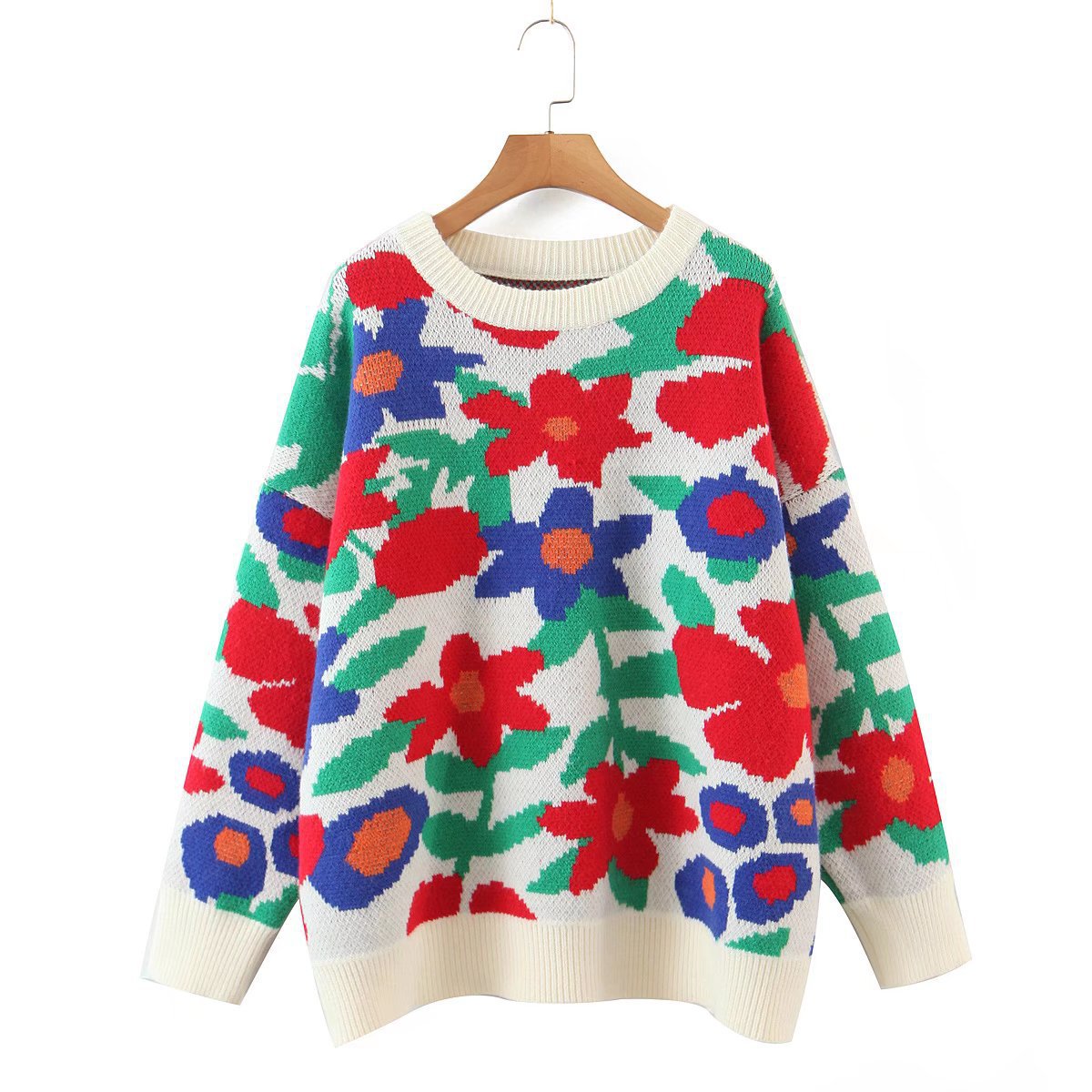 Autumn Winter Large Floral Embroidery round Neck Loose Long Sleeves Knitted Sweater Pullover Women