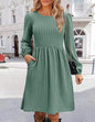 Women Clothing Round Neck Pocket Knitted Sweater Long Sleeve A Line Dress