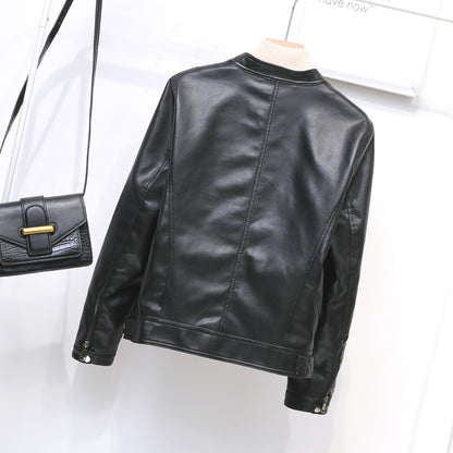 Fall Women Short Stand Collar Faux Leather Motorcycle Simple Leather Jacket Casual Coat