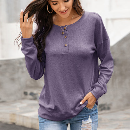 Autumn Winter round Neck Button Long Sleeve T shirt Casual Sweatshirt Loose Top for Women