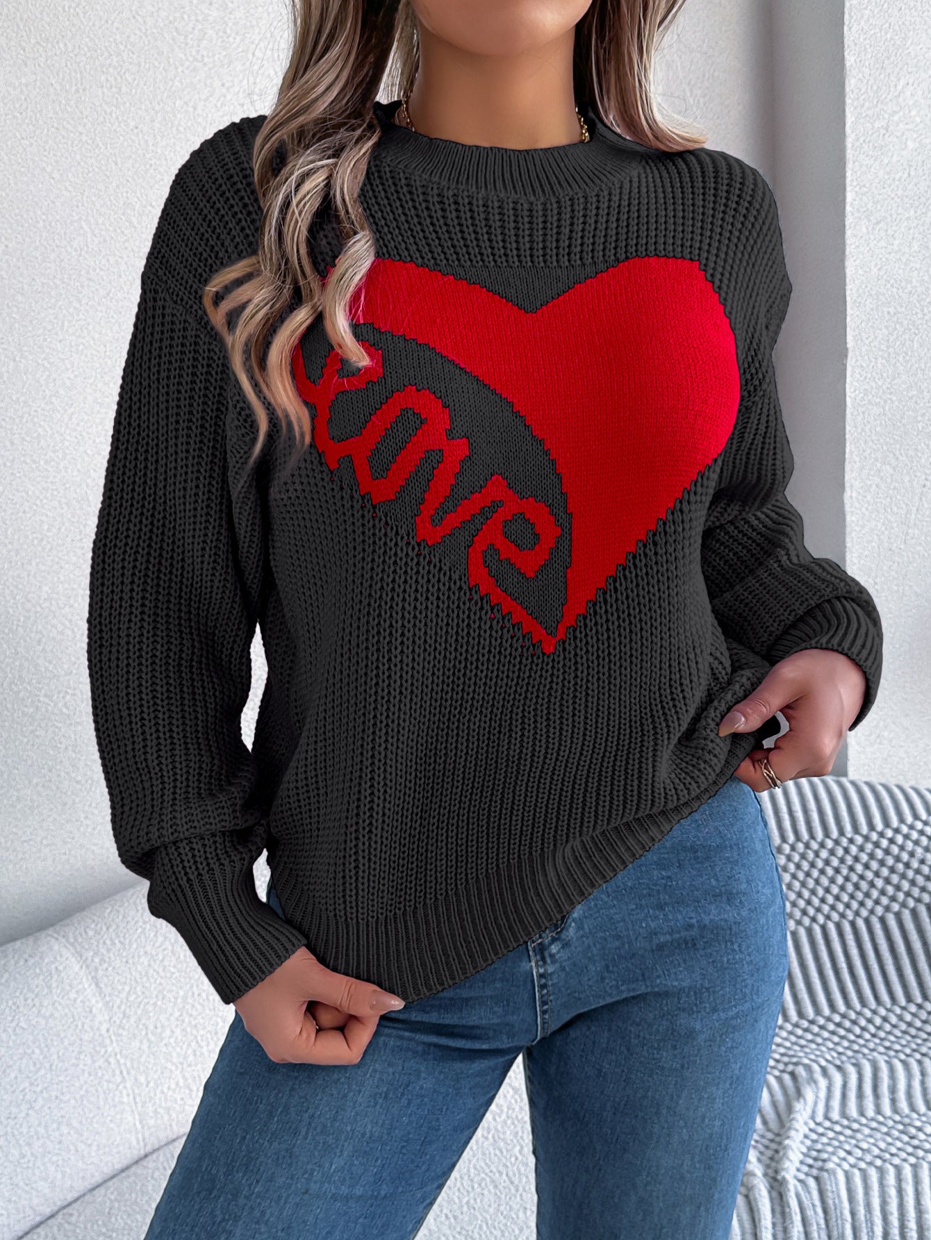 Autumn Winter Casual Valentine Day Contrast Color Love Long Sleeve Pullover Women Clothing