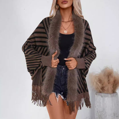 Autumn Winter Striped Tassel Knitted Shawl Cape All Match Cloak Outer Scarf Sweater Women