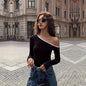 Women Clothing Trendy Diagonal Collar T Shirt Autumn Winter Unique Niche Off Shoulder Top