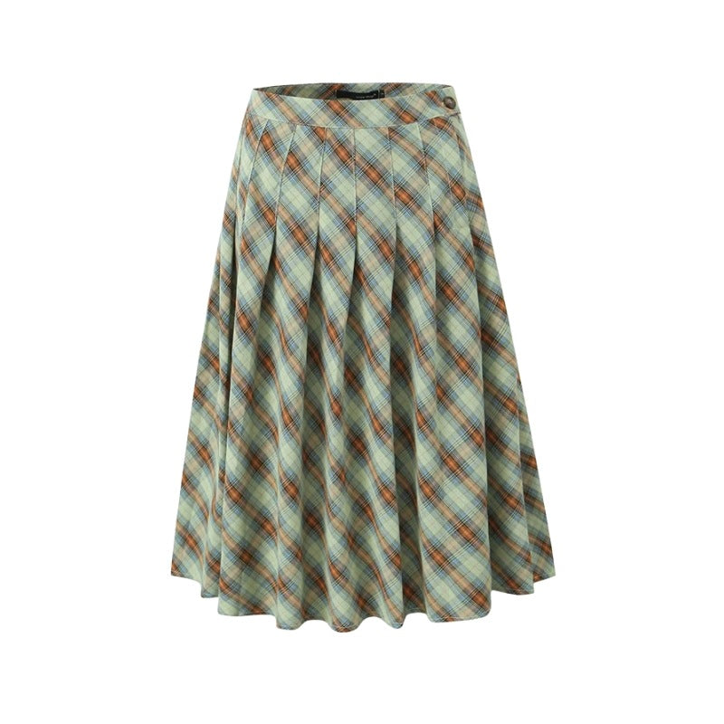 Retro Low Waist Cropped Long Skirt Women Design Pleated Plaid Contrast Color A line Autumn