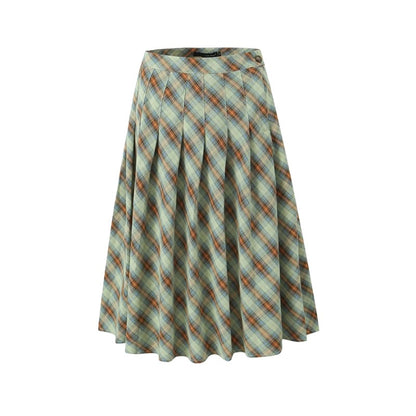 Retro Low Waist Cropped Long Skirt Women Design Pleated Plaid Contrast Color A line Autumn