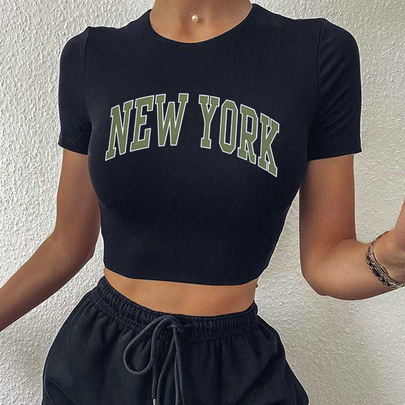 Street Hipster Women Clothing York Letter Graphic Printed Short Short Sleeve T Shirt Top