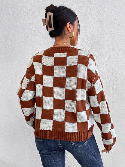 Women Clothing Long Sleeve Autumn Winter Color Matching Chessboard Plaid Loose Crew Neck Pullover Sweater Women