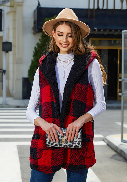 Fall Women Clothing Loose Hooded Buckle Cardigan Plaid Plush Vest Coat Women