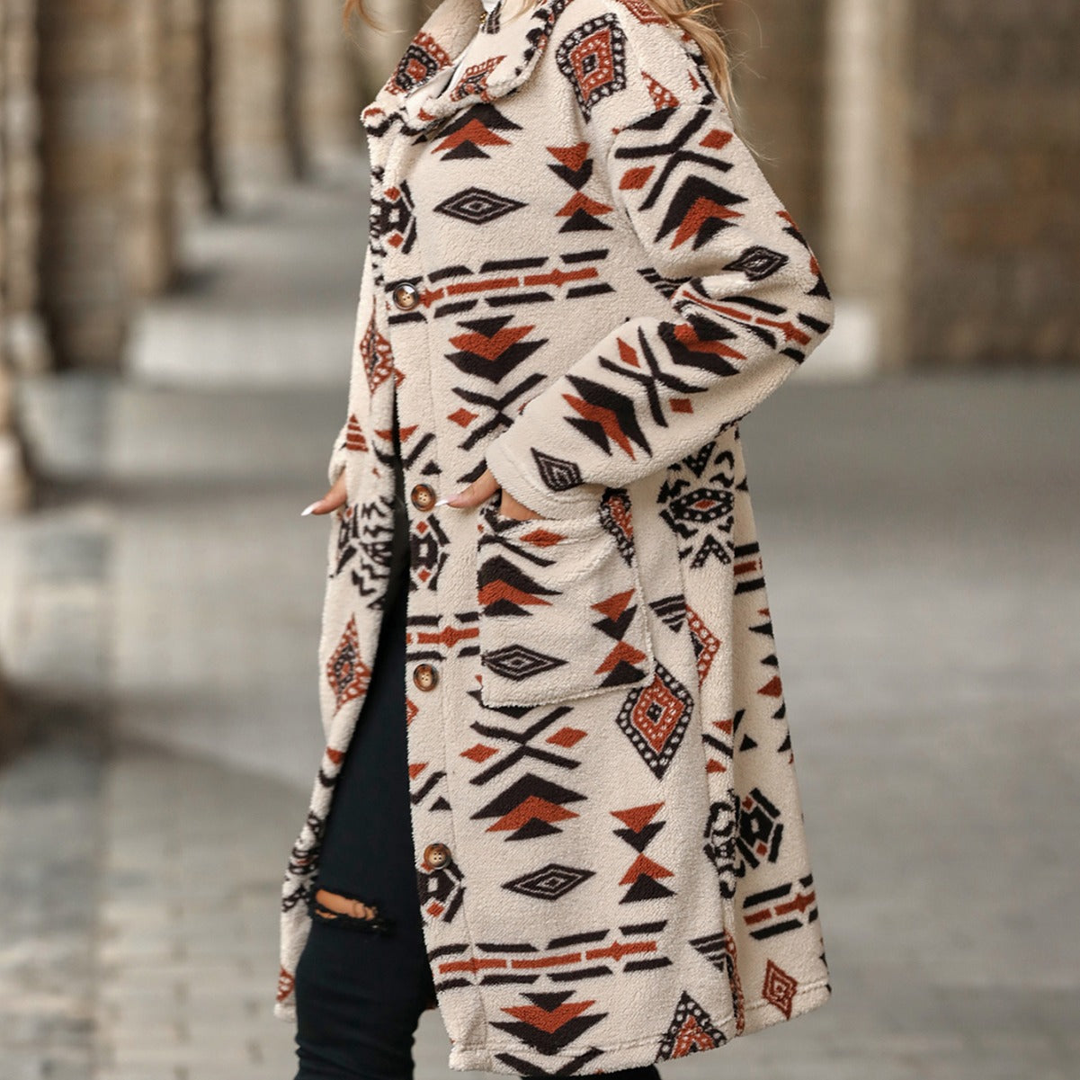 Autumn Winter Women Clothing Single Breasted Ethnic Print Plush Long Overcoat Outerwear