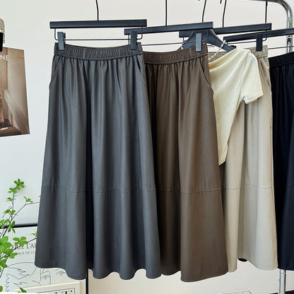 Retro Matte Faux Leather Skirt Autumn High Waist Skirt Slimming All Match Soft Stone Washed Leather Umbrella Skirt